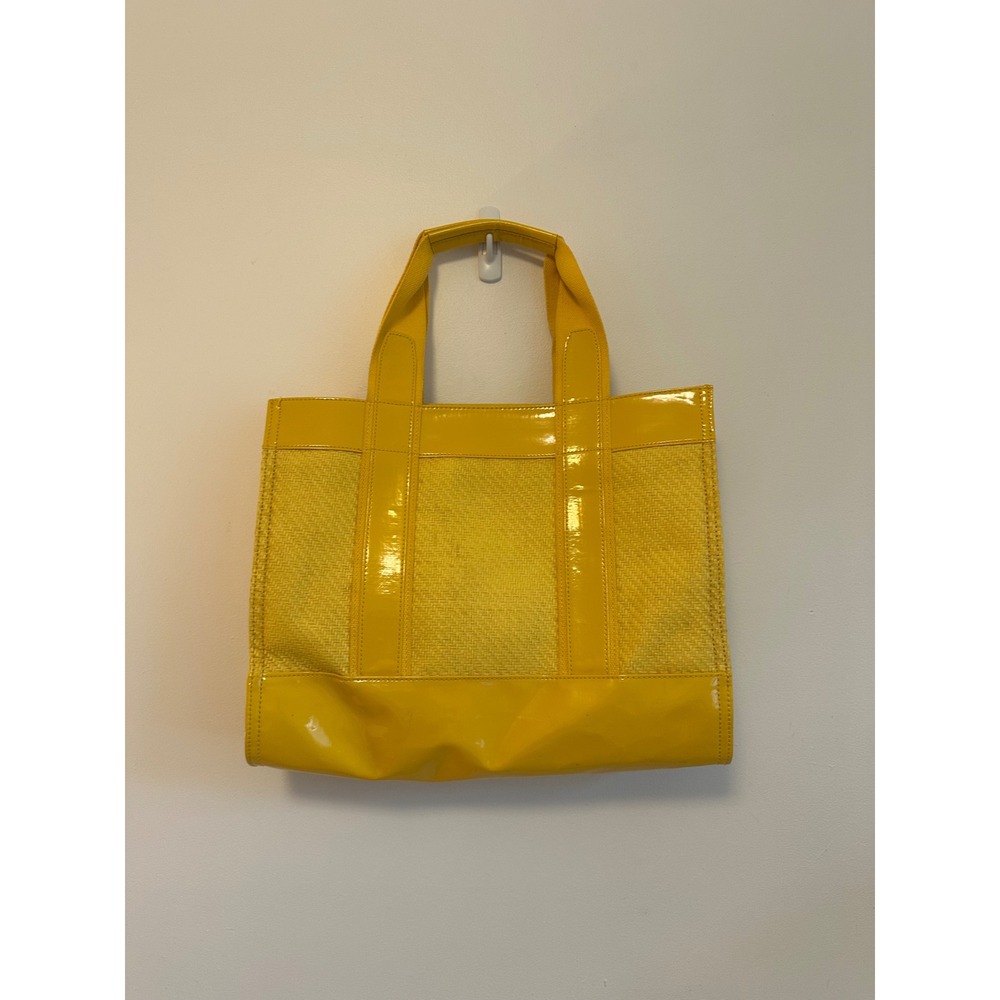 Tory Burch Ella Tote Yellow Patent Leather Woven Straw Butterfly Lining Bag - Picture 3 of 8